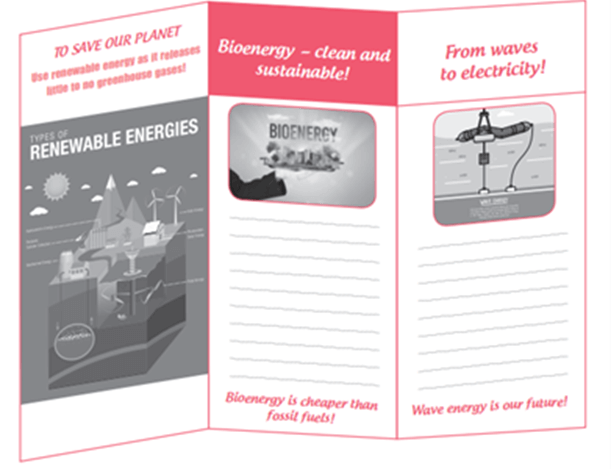 Look at the incomplete leaflet. Write two paragraphs of 60-75 words each to complete it. Use the suggested ideas in 1 and 2 to help you