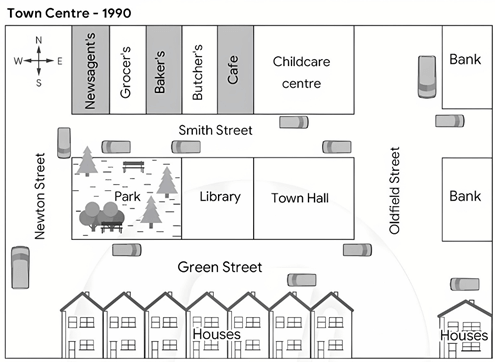 The maps below show a town centre in 1990 and the same town centre today. Summarise the information