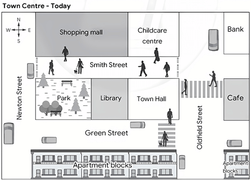 The maps below show a town centre in 1990 and the same town centre today. Summarise the information