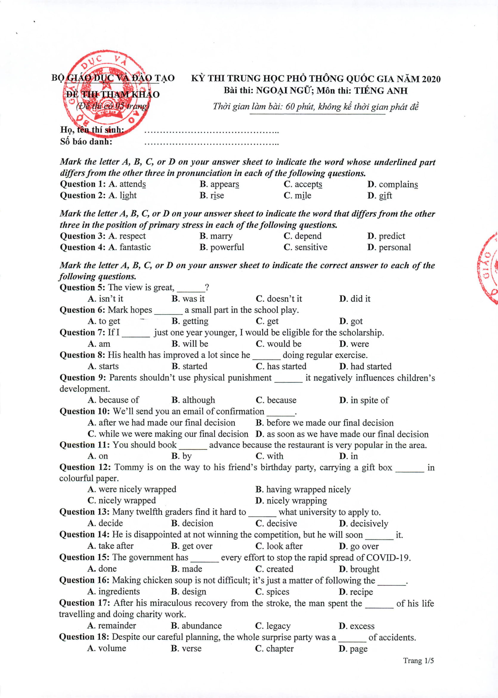 Tổng hợp đề thi tiếng Anh tốt nghiệp THPT minh họa các năm có đáp án