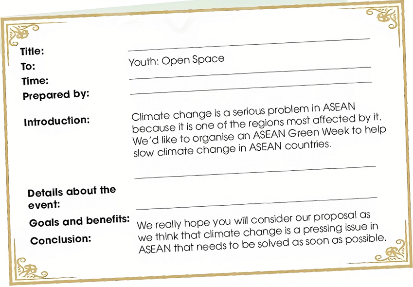 Write a proposal to Youth: Open Space for a youth event to slow climate change in ASEAN countries