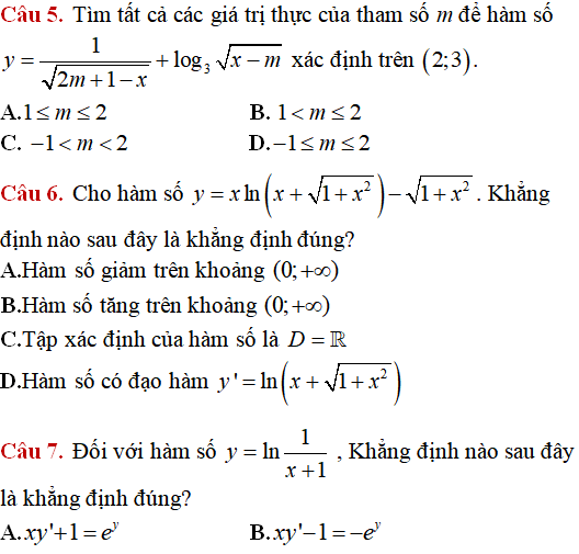 10 câu vận dụng cao hàm số mũ, hàm số lũy thừa, hàm số logarit - Toán lớp 12