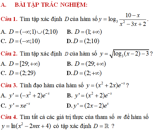 10 câu vận dụng thấp hàm số mũ, hàm số lũy thừa, hàm số logarit - Toán lớp 12