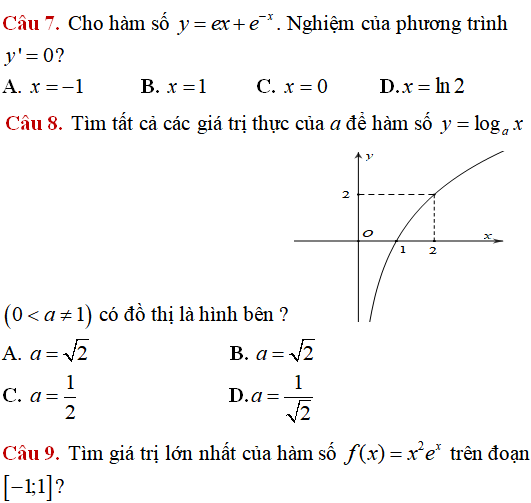 10 câu vận dụng thấp hàm số mũ, hàm số lũy thừa, hàm số logarit - Toán lớp 12