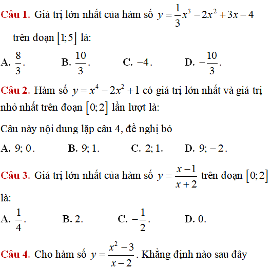 220 bài tập Tìm giá trị lớn nhất, nhỏ nhất của hàm số có lời giải (phần 1) - Toán lớp 12