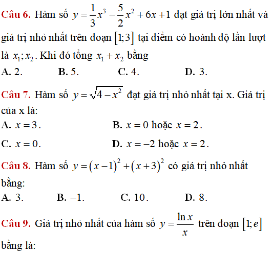 220 bài tập Tìm giá trị lớn nhất, nhỏ nhất của hàm số có lời giải (phần 1) - Toán lớp 12