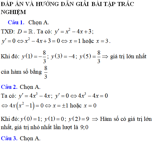 220 bài tập Tìm giá trị lớn nhất, nhỏ nhất của hàm số có lời giải (phần 1) - Toán lớp 12