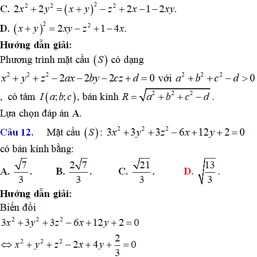 90 bài tập trắc nghiệm Phương trình mặt cầu có lời giải - Toán lớp 12