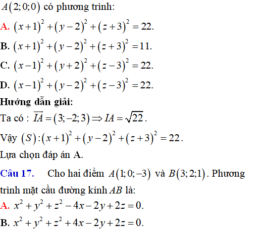 90 bài tập trắc nghiệm Phương trình mặt cầu có lời giải - Toán lớp 12