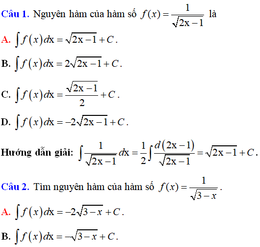 Bài tập Nguyên hàm của hàm số chứa căn thức có lời giải - Toán lớp 12