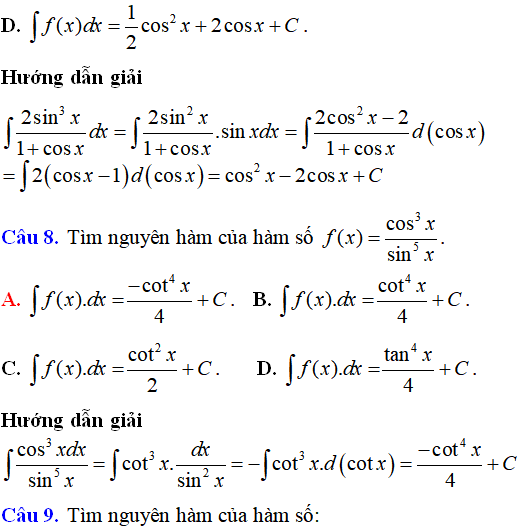 Bài tập Nguyên hàm của hàm số lượng giác có lời giải - Toán lớp 12
