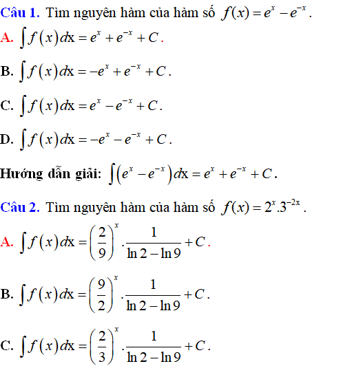 Bài tập Nguyên hàm của hàm số mũ, hàm số logarit có lời giải - Toán lớp 12