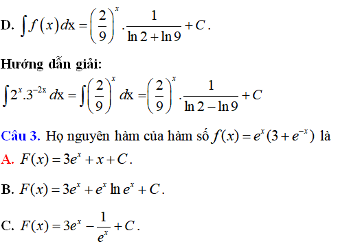 Bài tập Nguyên hàm của hàm số mũ, hàm số logarit có lời giải - Toán lớp 12