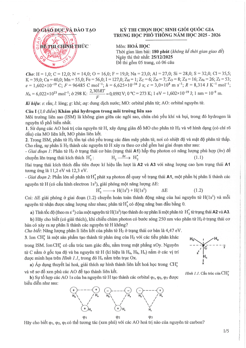 Đề thi HSG Hóa học Quốc gia 2025-2026 có lời giải (ngày 1)