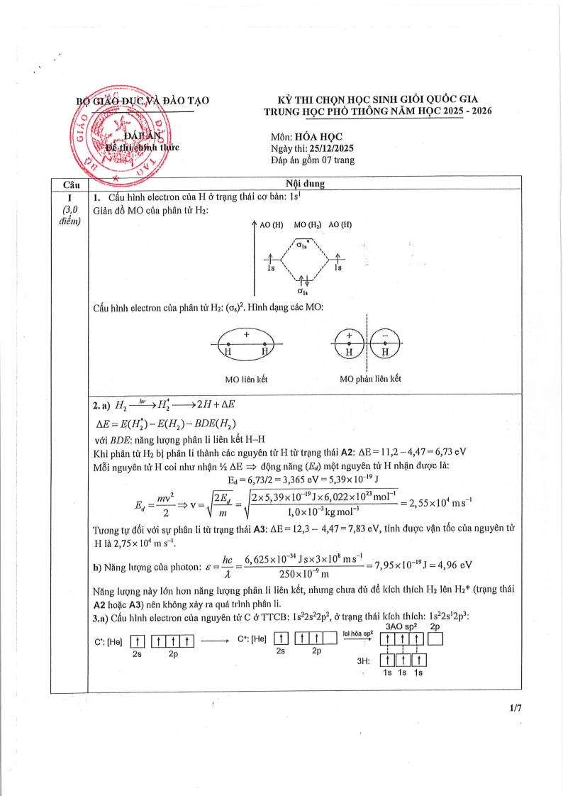 Đề thi HSG Hóa học Quốc gia 2025-2026 có lời giải (ngày 1)