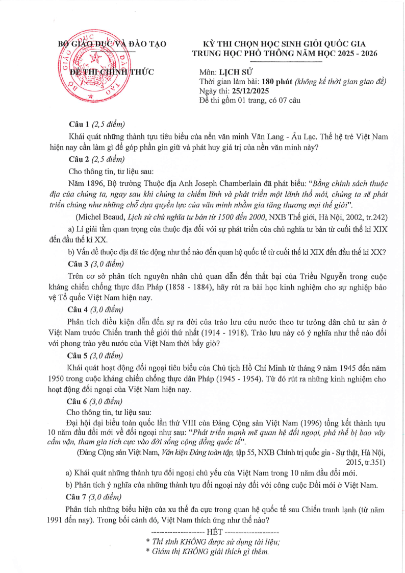 Đề thi HSG Lịch sử Quốc gia 2025-2026 có lời giải (ngày 1)