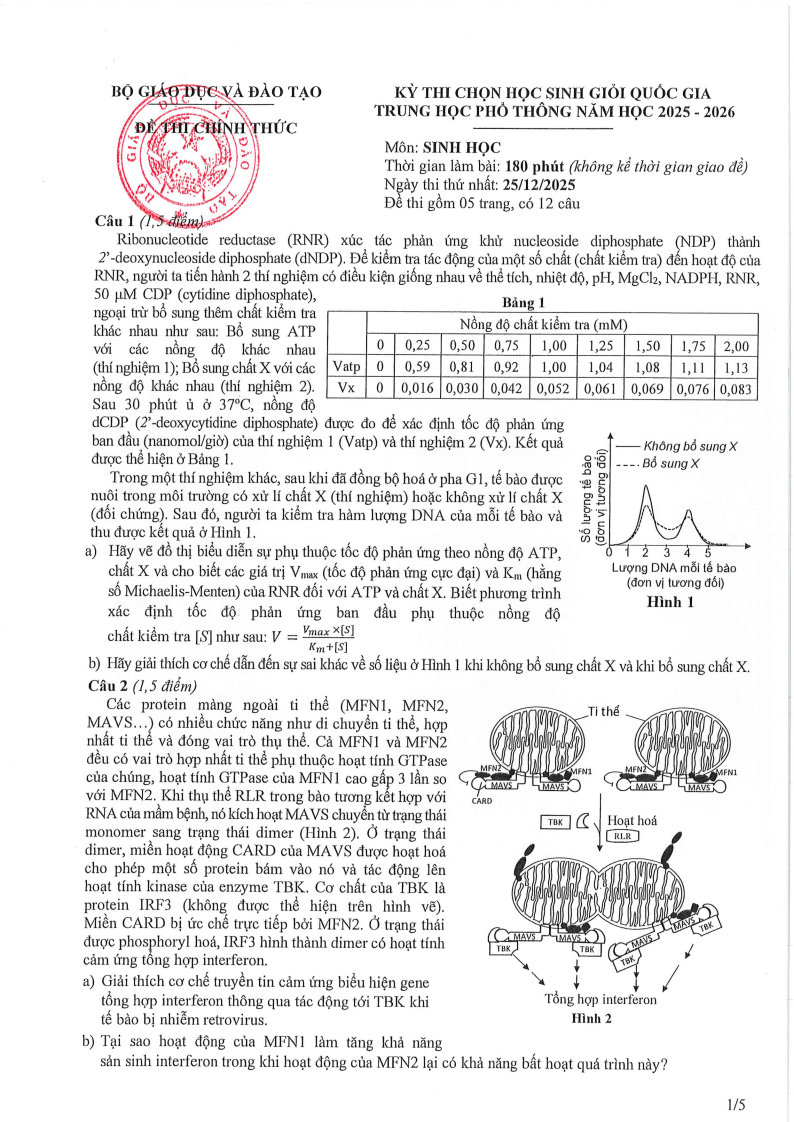 Đề thi HSG Sinh học Quốc gia 2025-2026 có lời giải (ngày 1)