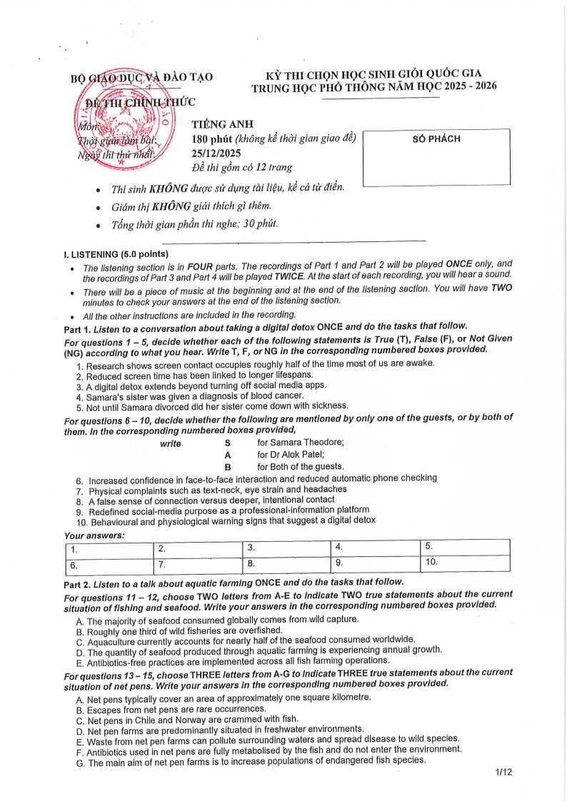 Đề thi HSG Tiếng Anh Quốc gia 2025-2026 có lời giải (ngày 1)