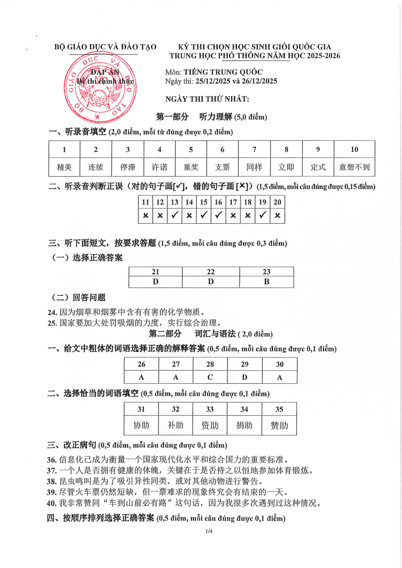 Đề thi HSG Tiếng Trung Quốc Quốc gia 2025-2026 có lời giải (ngày 1)