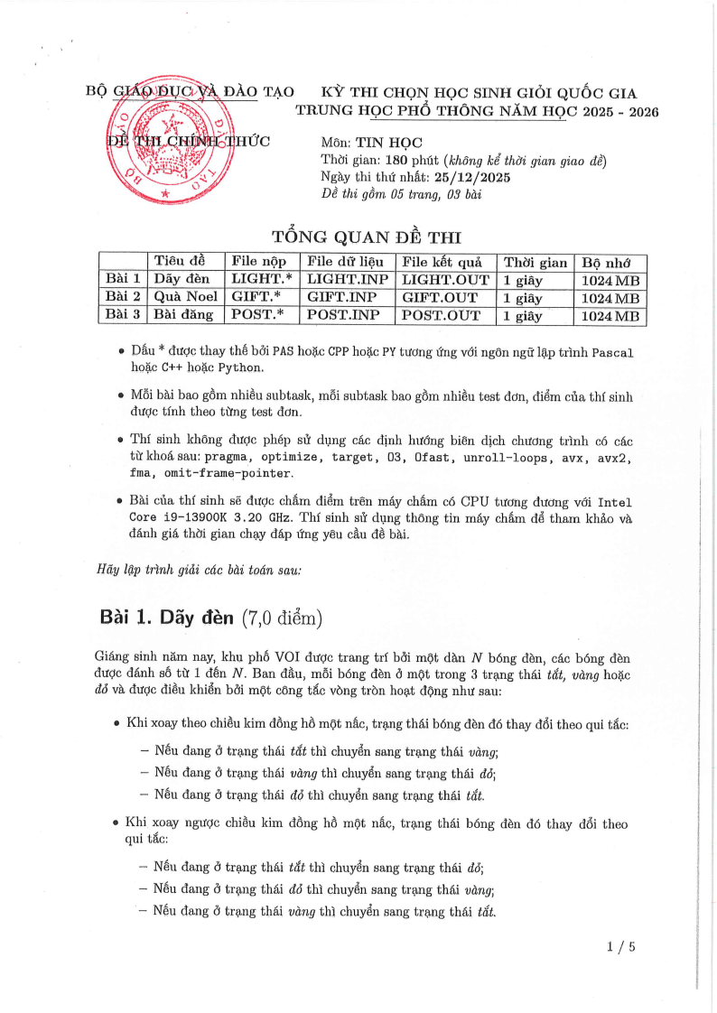 Đề thi HSG Tin học Quốc gia 2025-2026 có lời giải (ngày 1)
