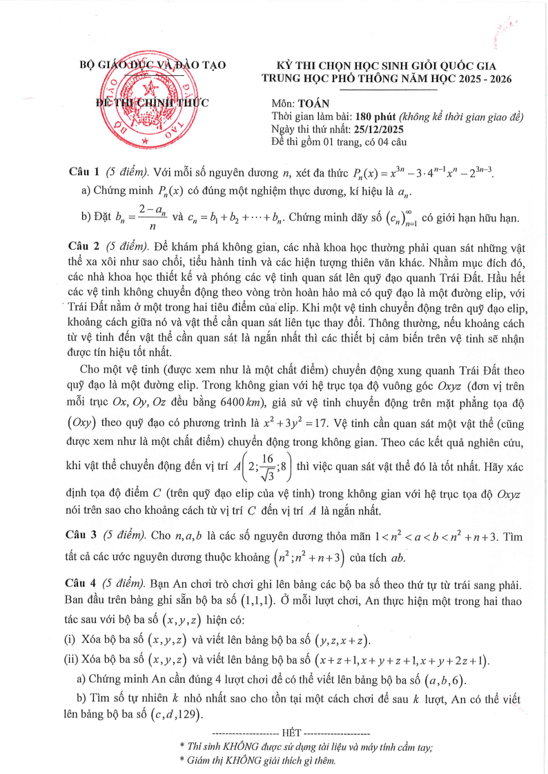 Đề thi HSG Toán Quốc gia 2025-2026 có lời giải (ngày 1)