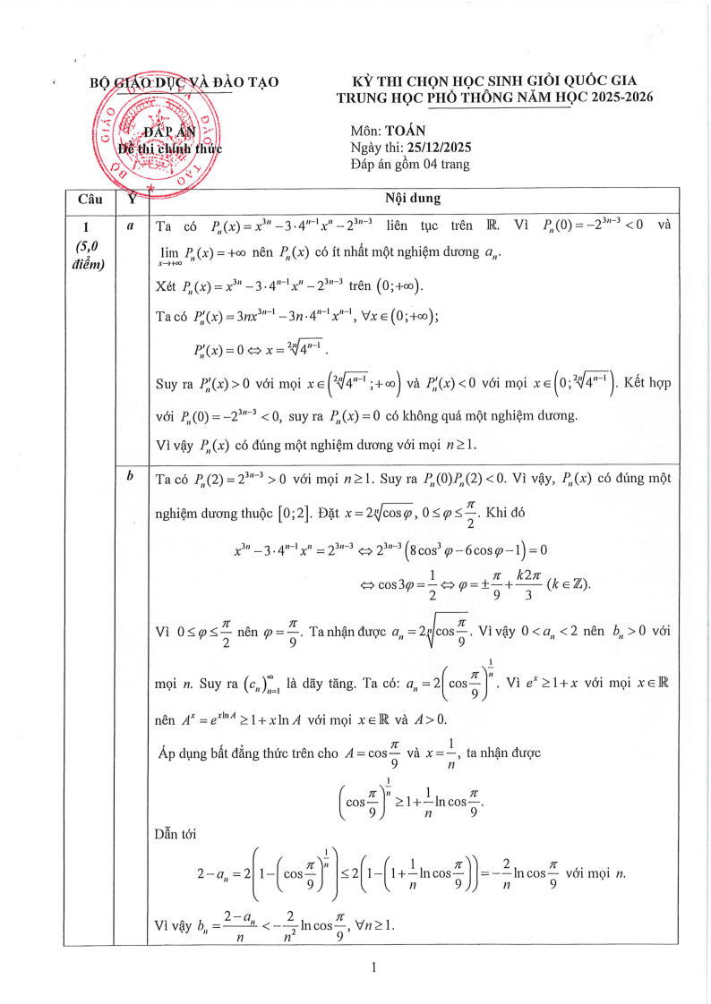 Đề thi HSG Toán Quốc gia 2025-2026 có lời giải (ngày 1)