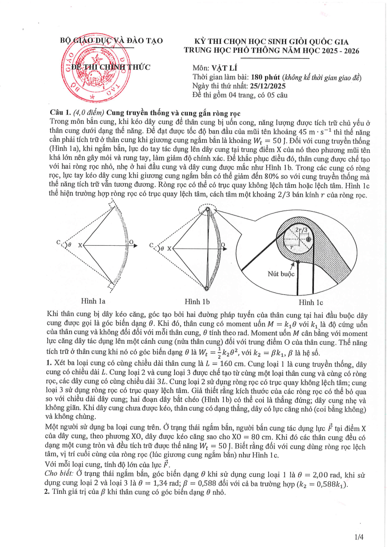 Đề thi HSG Vật lý Quốc gia 2025-2026 có lời giải (ngày 1)