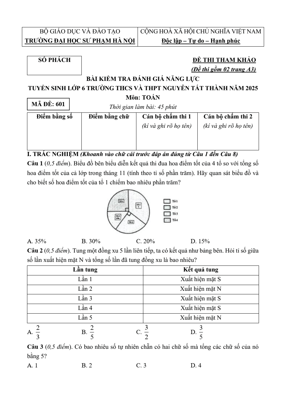 Đề thi tuyển sinh vào lớp 6 môn Toán trường THCS và THPT Nguyễn Tất Thành ĐHSP HN năm 2025