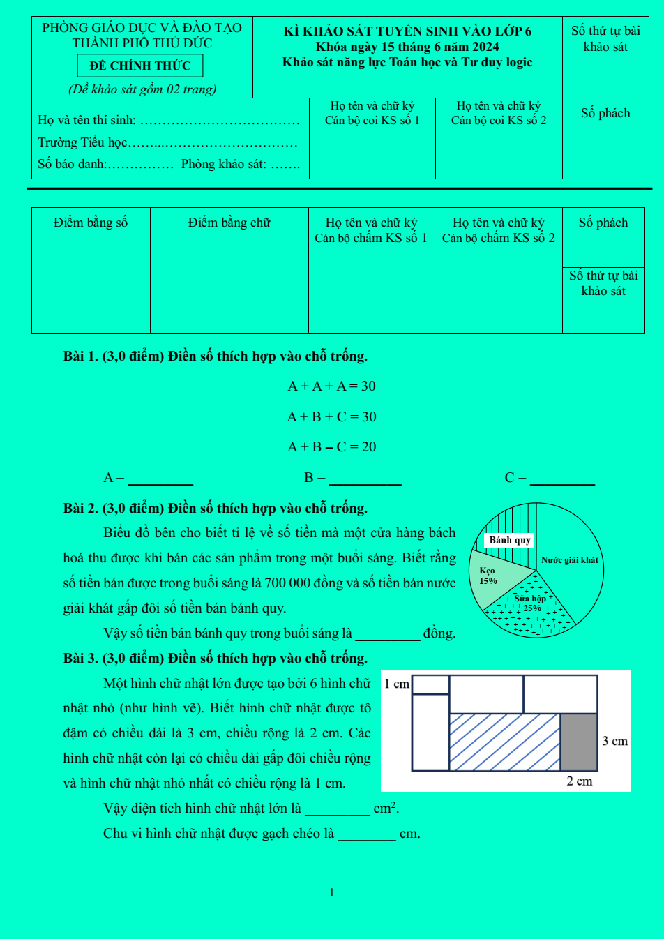 Đề thi tuyển sinh vào lớp 6 Tp Thủ Đức phần Toán học và tư duy logic năm 2024