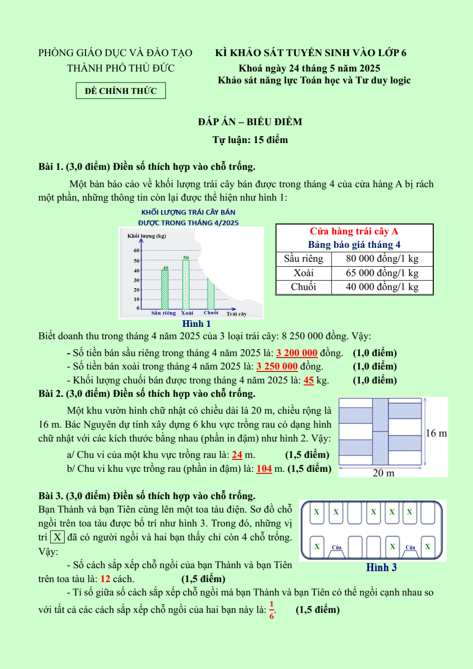 Đề thi tuyển sinh vào lớp 6 Tp Thủ Đức phần Toán học và tư duy logic năm 2025