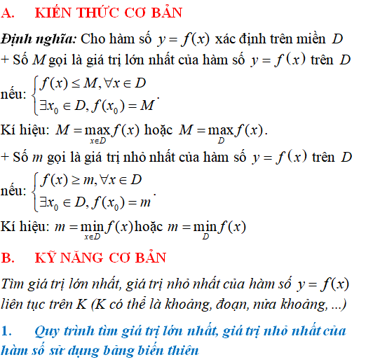 Giá trị lớn nhất, nhỏ nhất của hàm số - Toán lớp 12