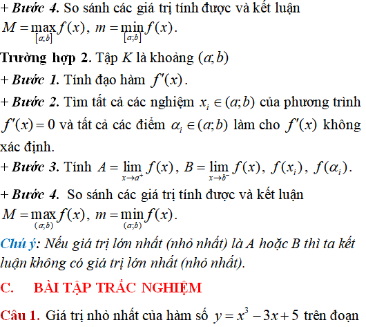 Giá trị lớn nhất, nhỏ nhất của hàm số - Toán lớp 12