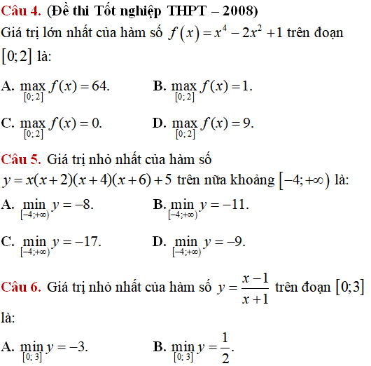 Giá trị lớn nhất, nhỏ nhất của hàm số - Toán lớp 12