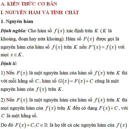 Lý thuyết, Phương pháp giải bài tập Nguyên hàm - Toán lớp 12