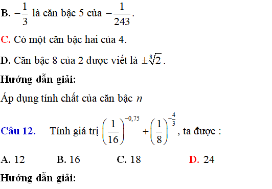 Lý thuyết và 115 bài tập trắc nghiệm Lũy thừa có lời giải (phần 1) - Toán lớp 12