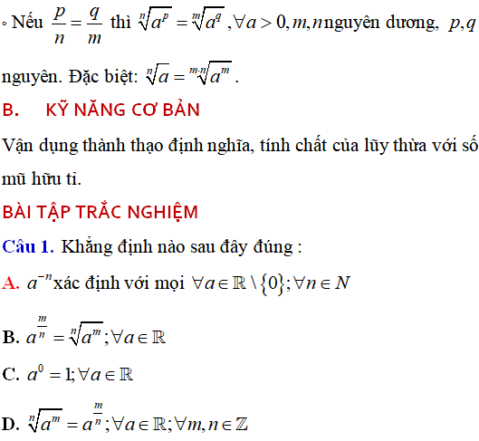 Lý thuyết và 115 bài tập trắc nghiệm Lũy thừa có lời giải (phần 1) - Toán lớp 12