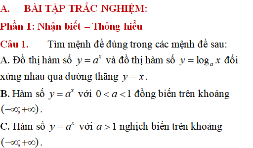 Lý thuyết và 31 câu nhận biết thông hiểu hàm số mũ, hàm số lũy thừa, hàm số logarit - Toán lớp 12