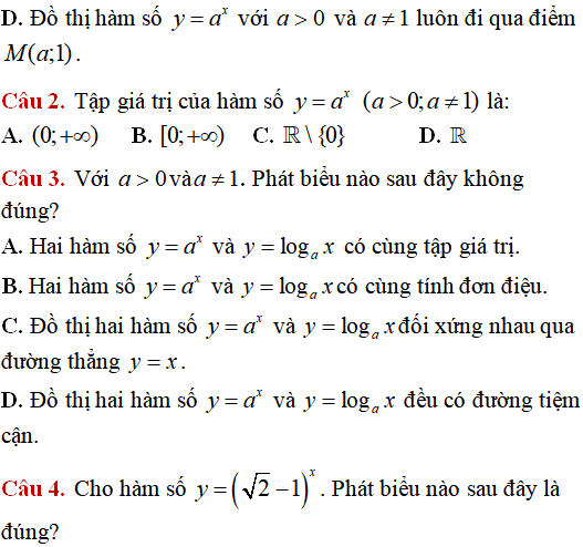 Lý thuyết và 31 câu nhận biết thông hiểu hàm số mũ, hàm số lũy thừa, hàm số logarit