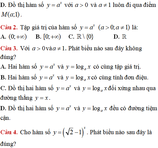 Lý thuyết và 31 câu nhận biết thông hiểu hàm số mũ, hàm số lũy thừa, hàm số logarit - Toán lớp 12