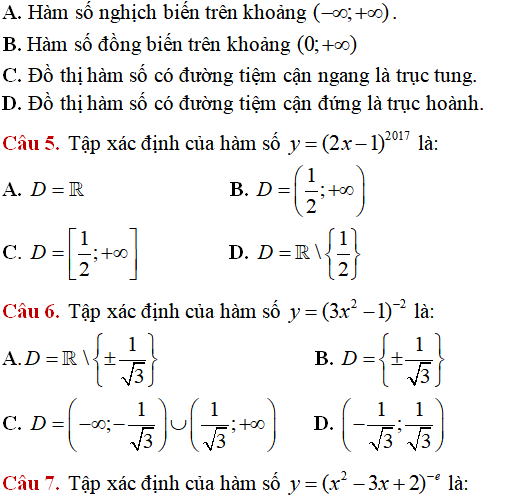 Lý thuyết và 31 câu nhận biết thông hiểu hàm số mũ, hàm số lũy thừa, hàm số logarit