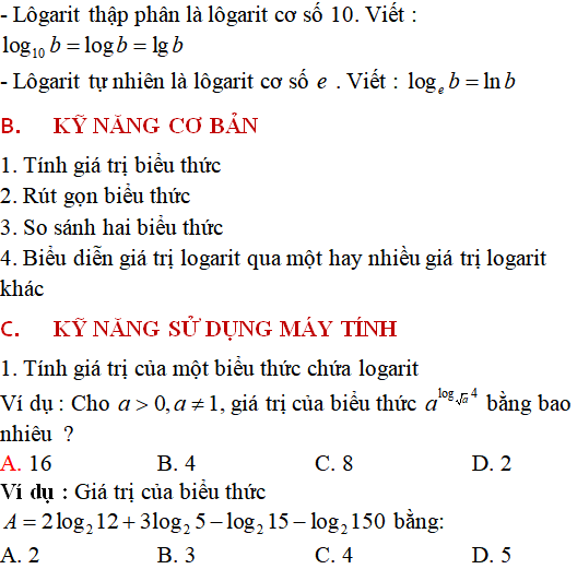 Lý thuyết và 85 bài tập trắc nghiệm logarit có lời giải (phần 1) - Toán lớp 12