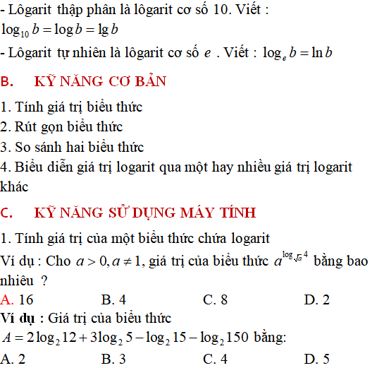 Lý thuyết và 85 bài tập trắc nghiệm logarit có lời giải (phần 1)