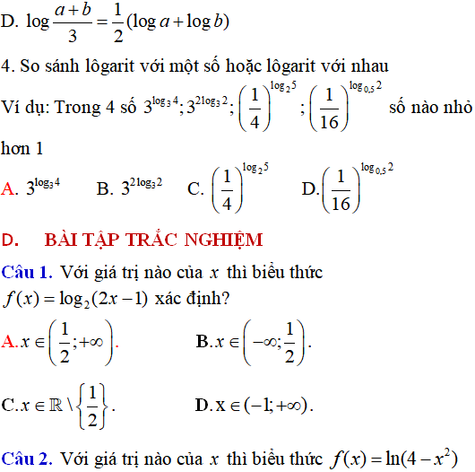 Lý thuyết và 85 bài tập trắc nghiệm logarit có lời giải (phần 1)