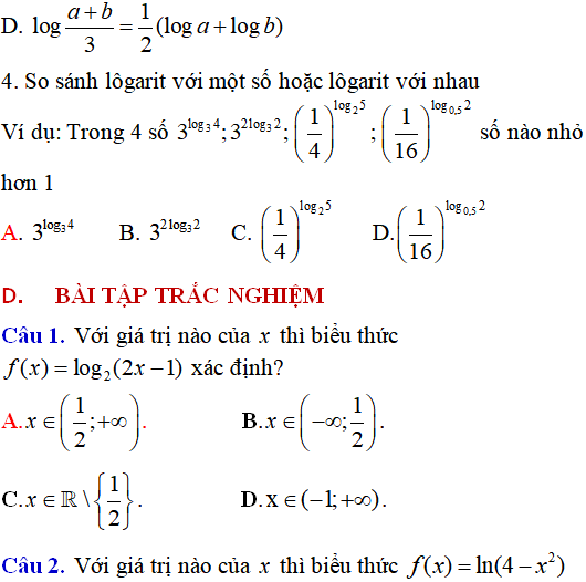 Lý thuyết và 85 bài tập trắc nghiệm logarit có lời giải (phần 1) - Toán lớp 12