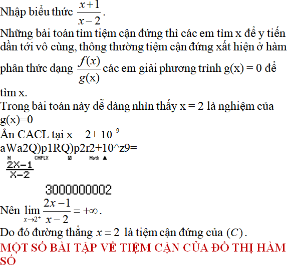 Tiệm cận của đồ thị hàm số: kỹ năng làm bài, kỹ năng sử dụng máy tính - Toán lớp 12