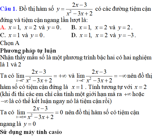 Tiệm cận của đồ thị hàm số: kỹ năng làm bài, kỹ năng sử dụng máy tính