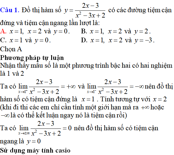 Tiệm cận của đồ thị hàm số: kỹ năng làm bài, kỹ năng sử dụng máy tính - Toán lớp 12