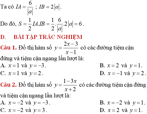 Tiệm cận của đồ thị hàm số: kỹ năng làm bài, kỹ năng sử dụng máy tính - Toán lớp 12