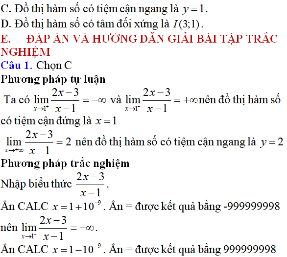 Tiệm cận của đồ thị hàm số: kỹ năng làm bài, kỹ năng sử dụng máy tính - Toán lớp 12