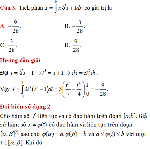 Tính tích phân bằng Phương pháp đổi biến số - Toán lớp 12